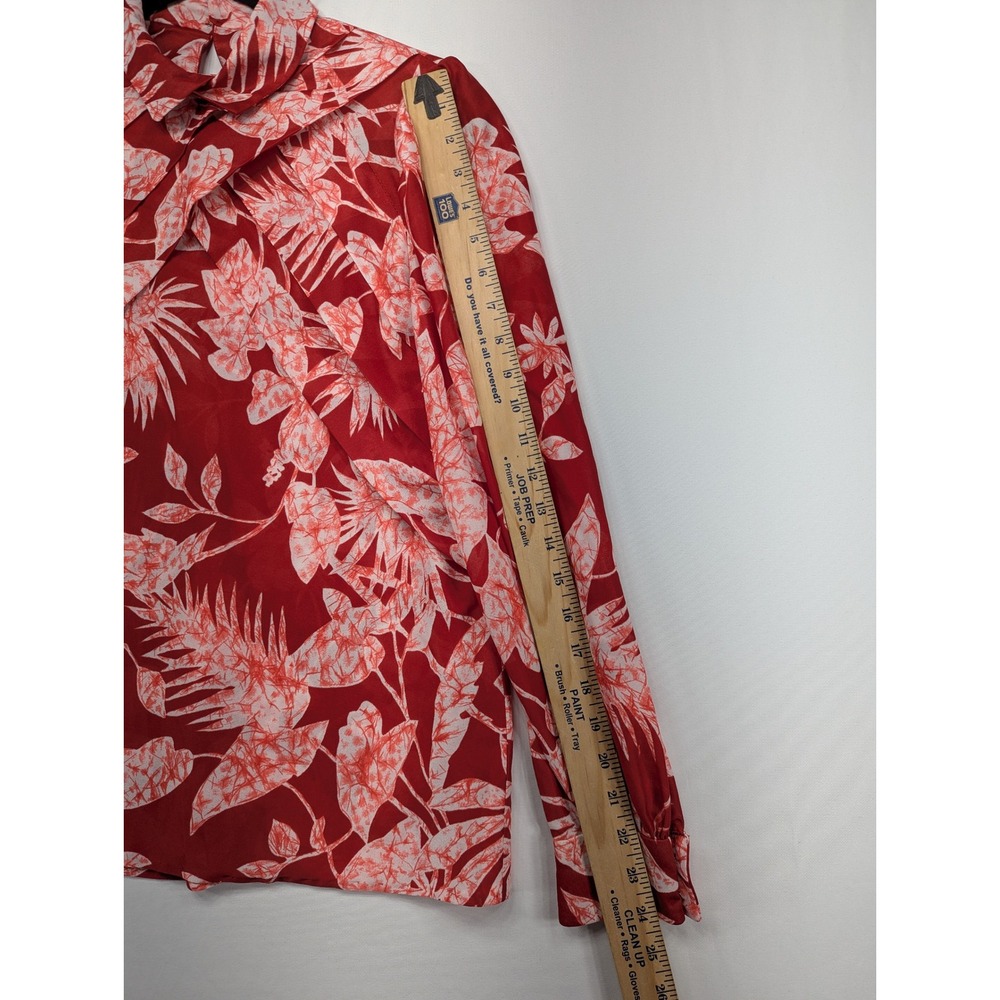 Red White Tropical Floral High Neck‎ Pleated Front Blouse Long Sleeve Small - Picture 6 of 7